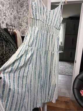 Skies Are Blue White Maxi Dress with Blue Floral Stripes